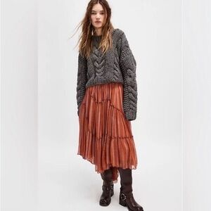 Free People One Ember Printed Midi Skirt Terracotta Stripe XS NWT
